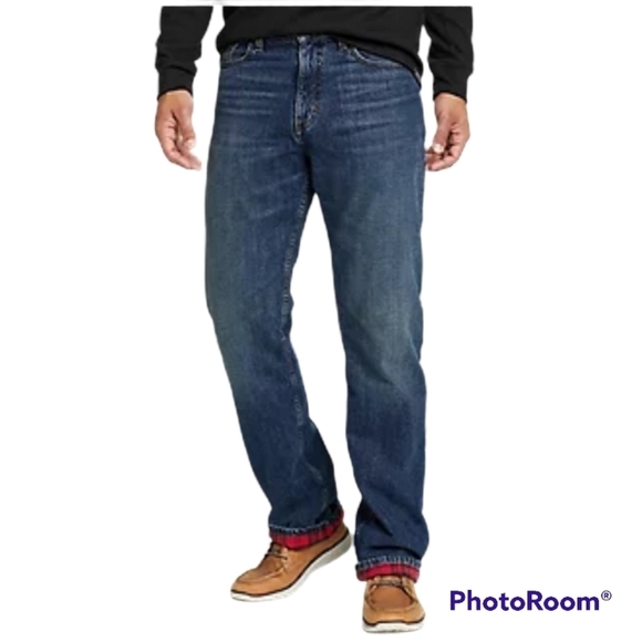 Eddie Bauer Red Flannel Lined Relaxed Fit Blue Denim Jeans 35x30 - Picture 1 of 13